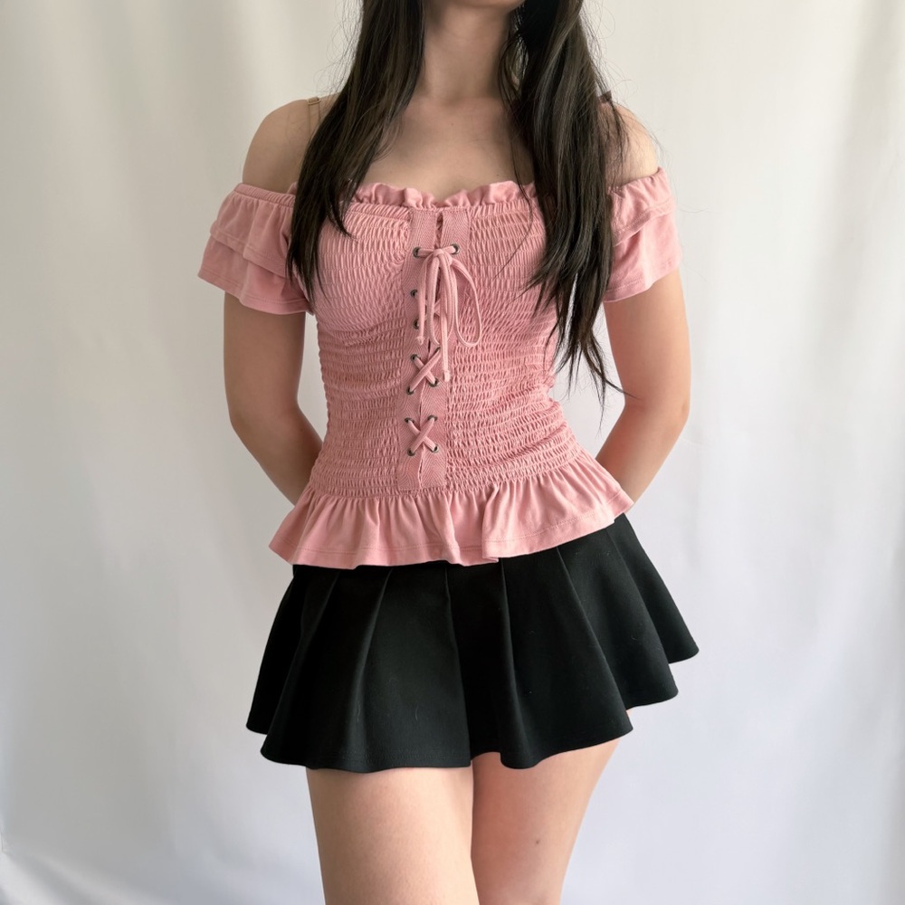 pink lace up ruffle top